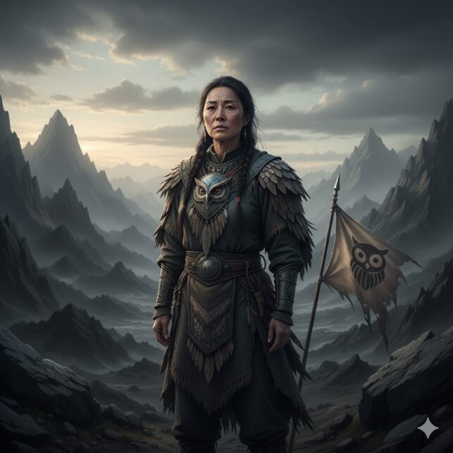 険しい山岳地帯に一人佇む、梟（フクロウ）の意匠を持つ民族衣装をまとった古代アジアの女性。滅びた梟鳴族の最後の生き残りとしての過酷な過去を表現。