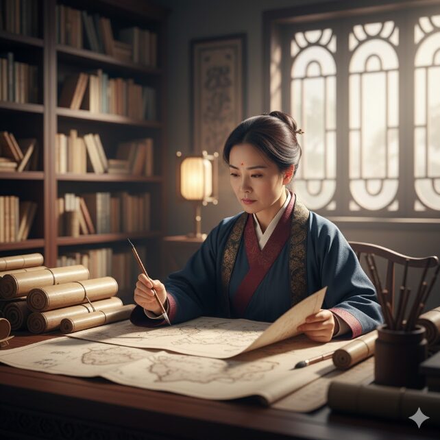 古代中国の書物や戦略図に囲まれ、真剣な眼差しで軍略を学ぶ女性。昌平君の下で才能を開花させていく河了貂の努力のイメージ。