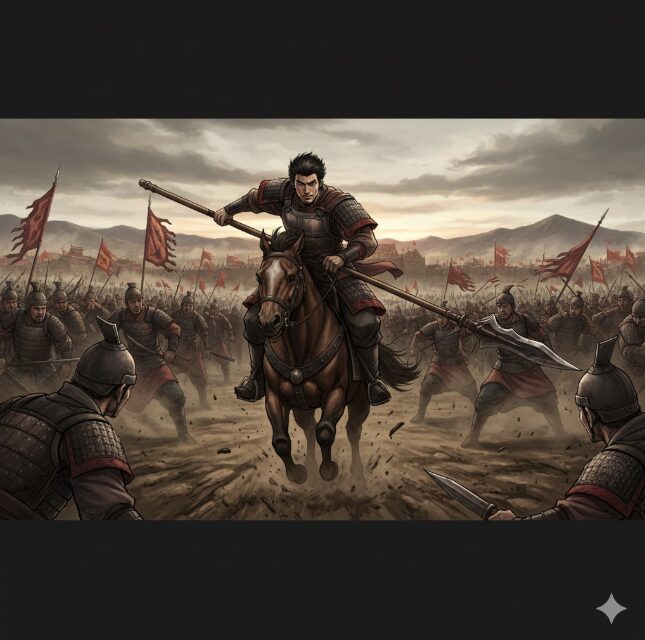 漫画キングダムの登場人物である我呂が、戦場で馬に乗り長い矛を構え、部隊を率いて突撃する様子を描いたイラスト。背後には多くの兵士が続き、戦場の緊迫感が伝わる。