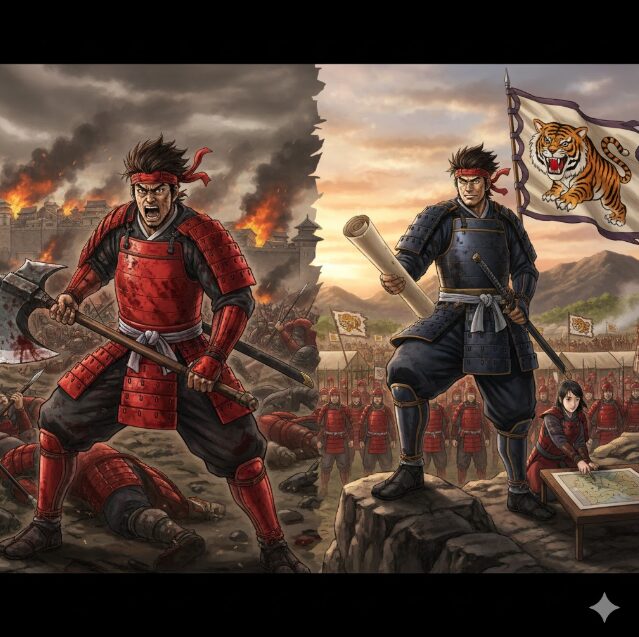 激しい戦場で傷を負いながらも敵に立ち向かう我呂の姿。彼の死亡説の真偽と、今後の生存可能性を象徴する緊迫した戦闘シーン。