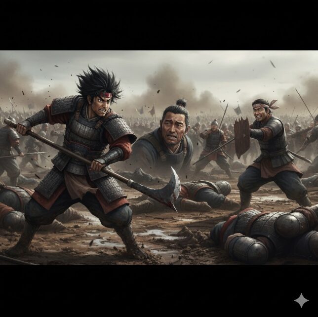 激しい戦場で、日本人の戦士が斧を手に敵と戦っている様子。周囲には倒れた兵士たちが散らばり、煙が立ち込めている。