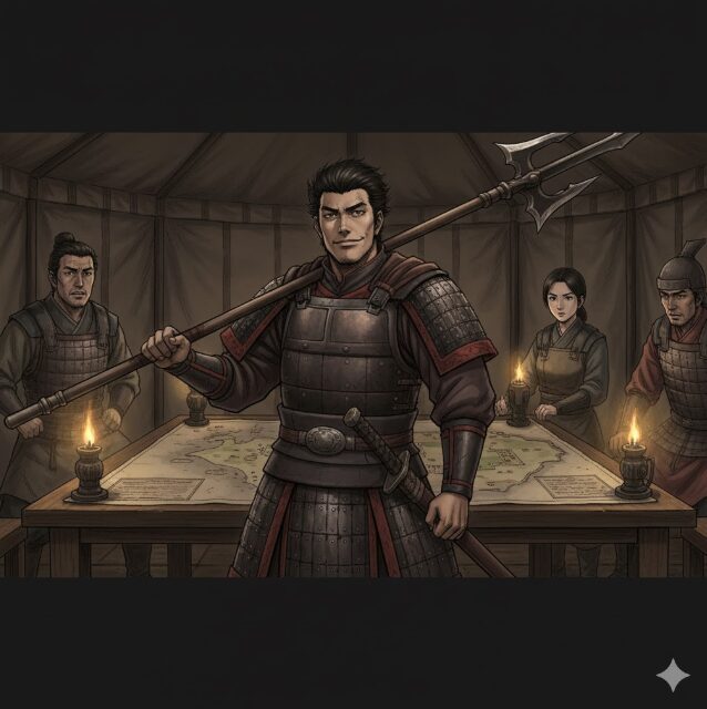 キングダムの登場人物である我呂が、作戦会議のテント内で中央に立ち、自信に満ちた表情で矛を担いでいる。周囲には飛信隊の信や河了貂、羌瘣らしき主要メンバーが集まっている。