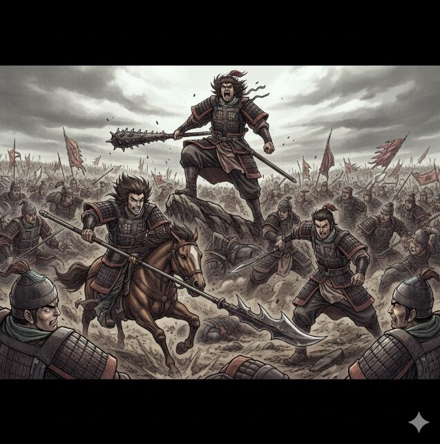 キングダムに登場する本能型将軍・麃公が、戦場で岩の上に立ち雄叫びを上げている。その下では我呂を含む麃公兵たちが激しく敵と戦っており、乱戦の様子が描かれている。