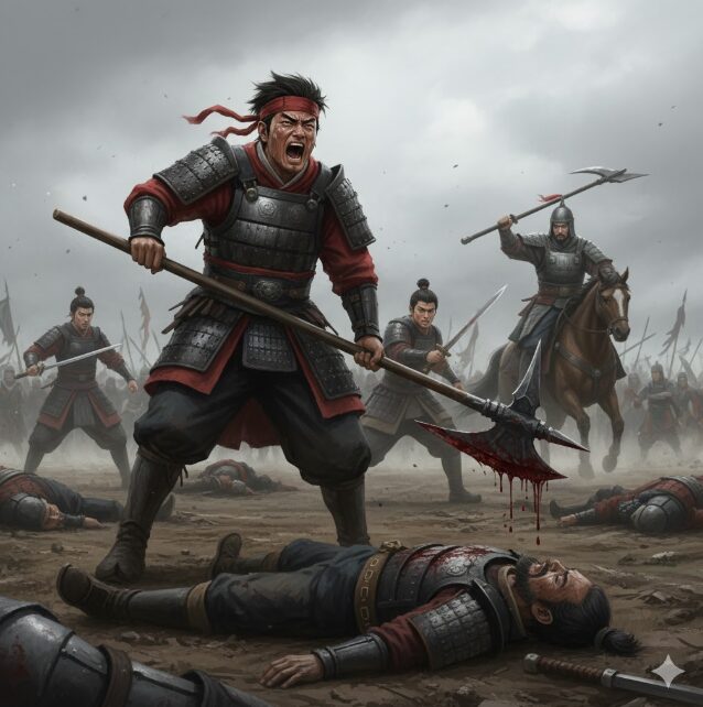 倒れた仲間を前に怒りに燃える日本人の戦士。血に濡れた武器を握りしめ、咆哮を上げている。