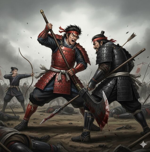 弓兵の援護を受け、槍を持つ敵将に斧でとどめを刺そうとしている日本人の武士。