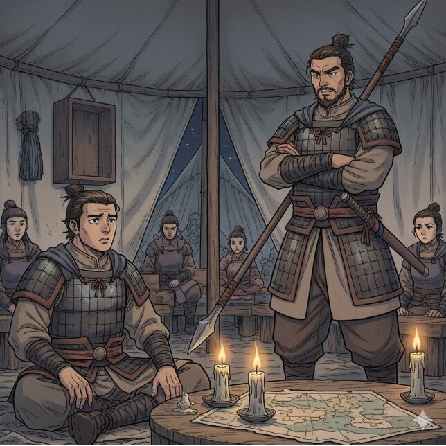 キングダムの信と我呂が作戦会議中のテント内で議論している様子。信が困惑した表情で座り、我呂は腕を組みながら厳しい表情で話しかけている。周囲には他の隊員が座っている。