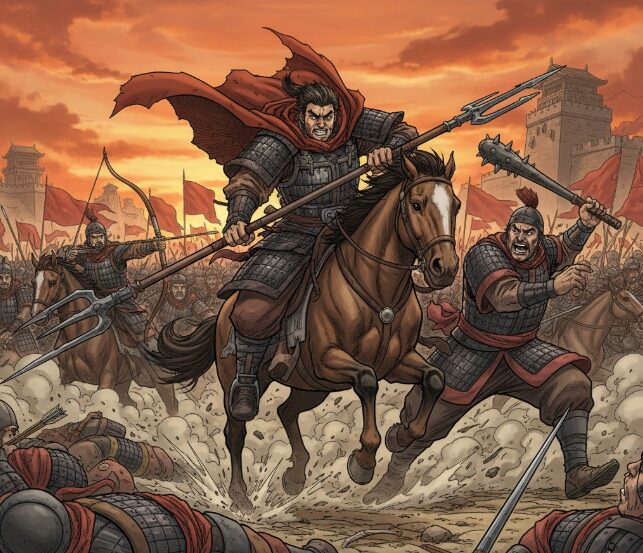 キングダムの登場人物である我呂が、馬上で矛を構え、部隊を率いて敵陣へ突撃する勇猛な姿。背景には乱戦の様子と多くの兵士が描かれ、彼の突破力が強調されている。