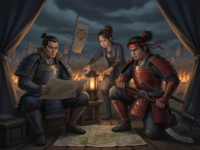 天幕の中で地図を広げ、作戦を練る日本の武将たち。一人の女性が灯りの下で地図を指し示している。