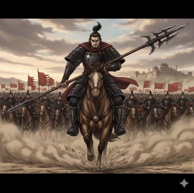 キングダムの登場人物である我呂が、二千人将として部隊の先頭に立ち、馬に乗りながら矛を構えて敵陣へ向かっている。彼の背後には広大な軍勢が続き、その表情からは今後の戦いへの決意が感じられる。