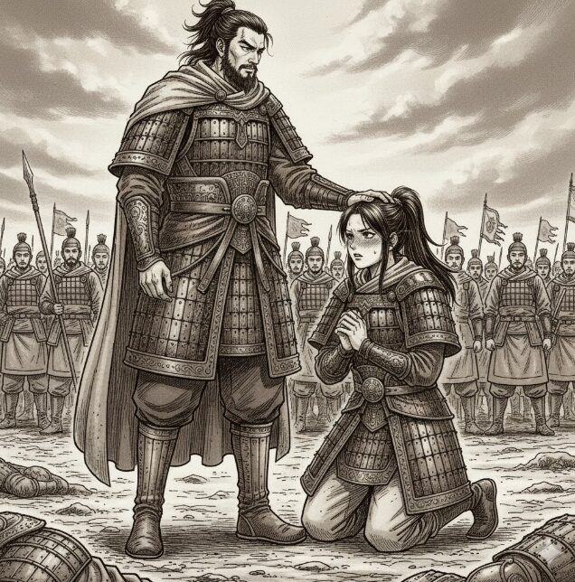 李牧に頭を撫でられ赤面するカイネ。彼女の李牧への強い恋愛感情が表現されている。