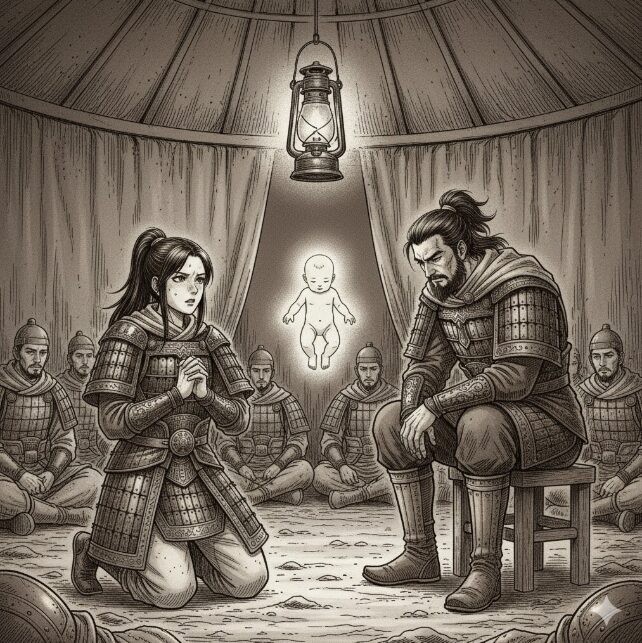 精神的に落ち込む李牧と、その前で決意を固めるカイネ。二人の間に光る赤子のイメージ。