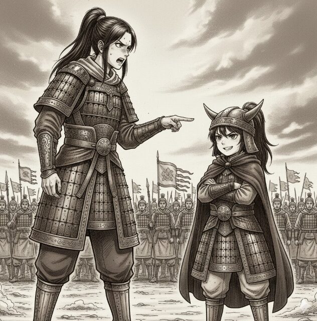 互いに口喧嘩をするカイネと河了貂。敵対しながらも特別な関係性を表現。