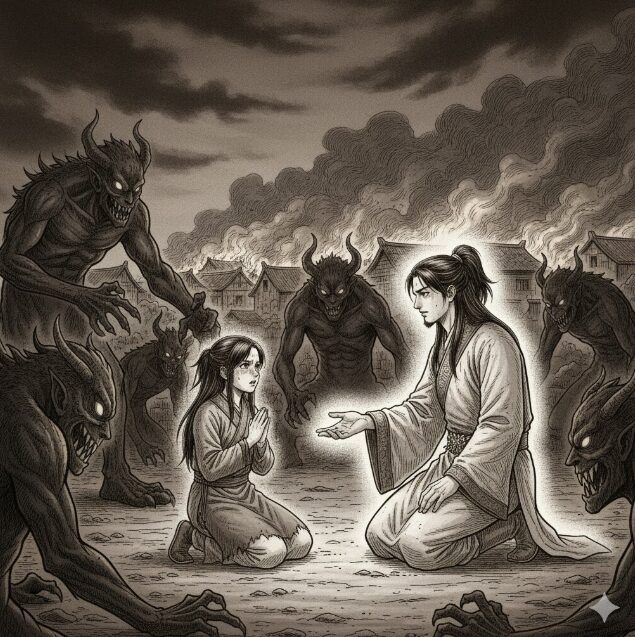 幼いカイネを救い出す李牧。周囲には「闇」の象徴が描かれ、李牧の救済を強調。